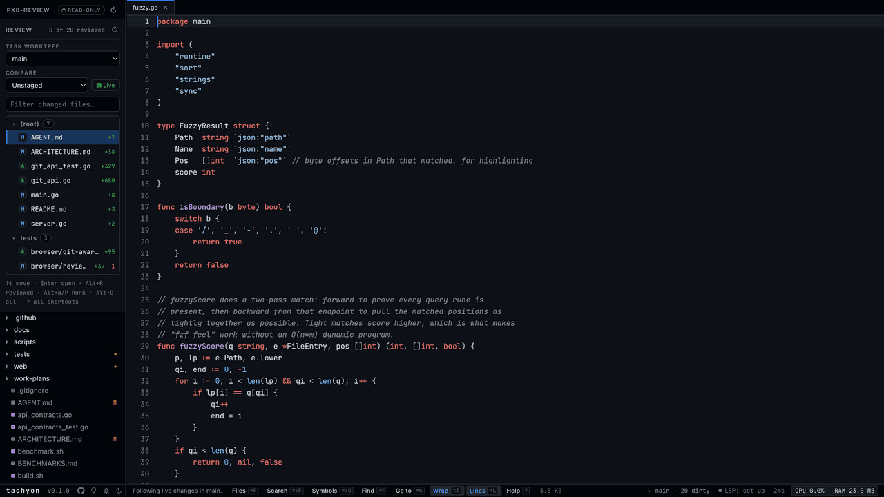 Tachyon code explorer with a file tree and syntax-highlighted Go code